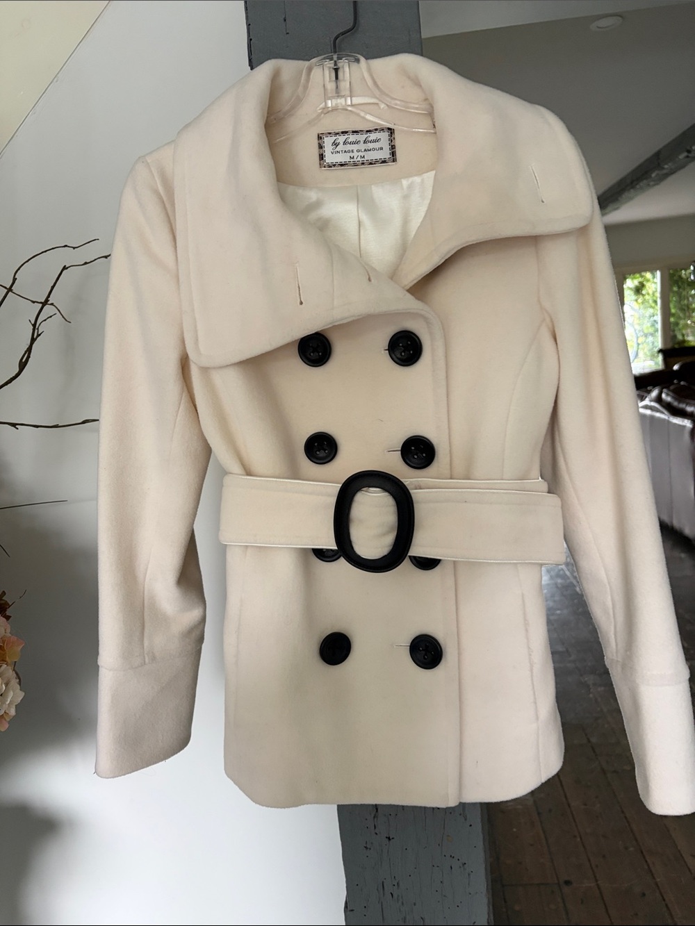 Women's Cream Double-Breasted Peacoat with Belt